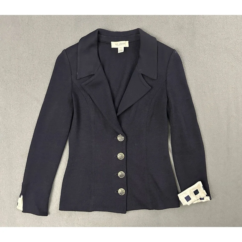 ST JOHN COLLECTION Classic Knit Sweater Blazer Size 0 Black Women Jacket Silk